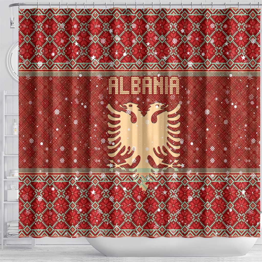 Albania Christmas Shower Curtain with Red Geometric Design, Golden Double-Headed Eagle, and Santa Motif - Wonder Print Shop