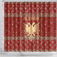 Albania Christmas Shower Curtain with Red Geometric Design, Golden Double-Headed Eagle, and Santa Motif - Wonder Print Shop