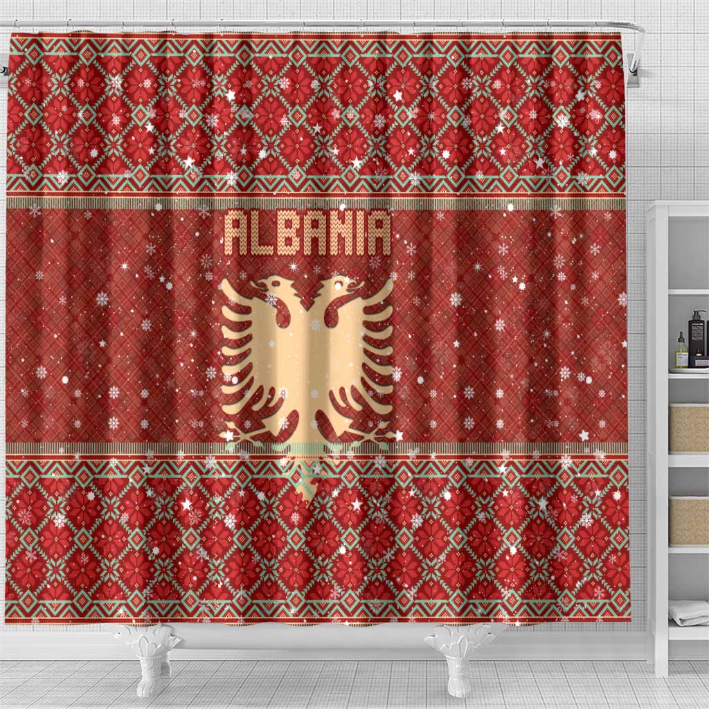 Albania Christmas Shower Curtain with Red Geometric Design, Golden Double-Headed Eagle, and Santa Motif - Wonder Print Shop