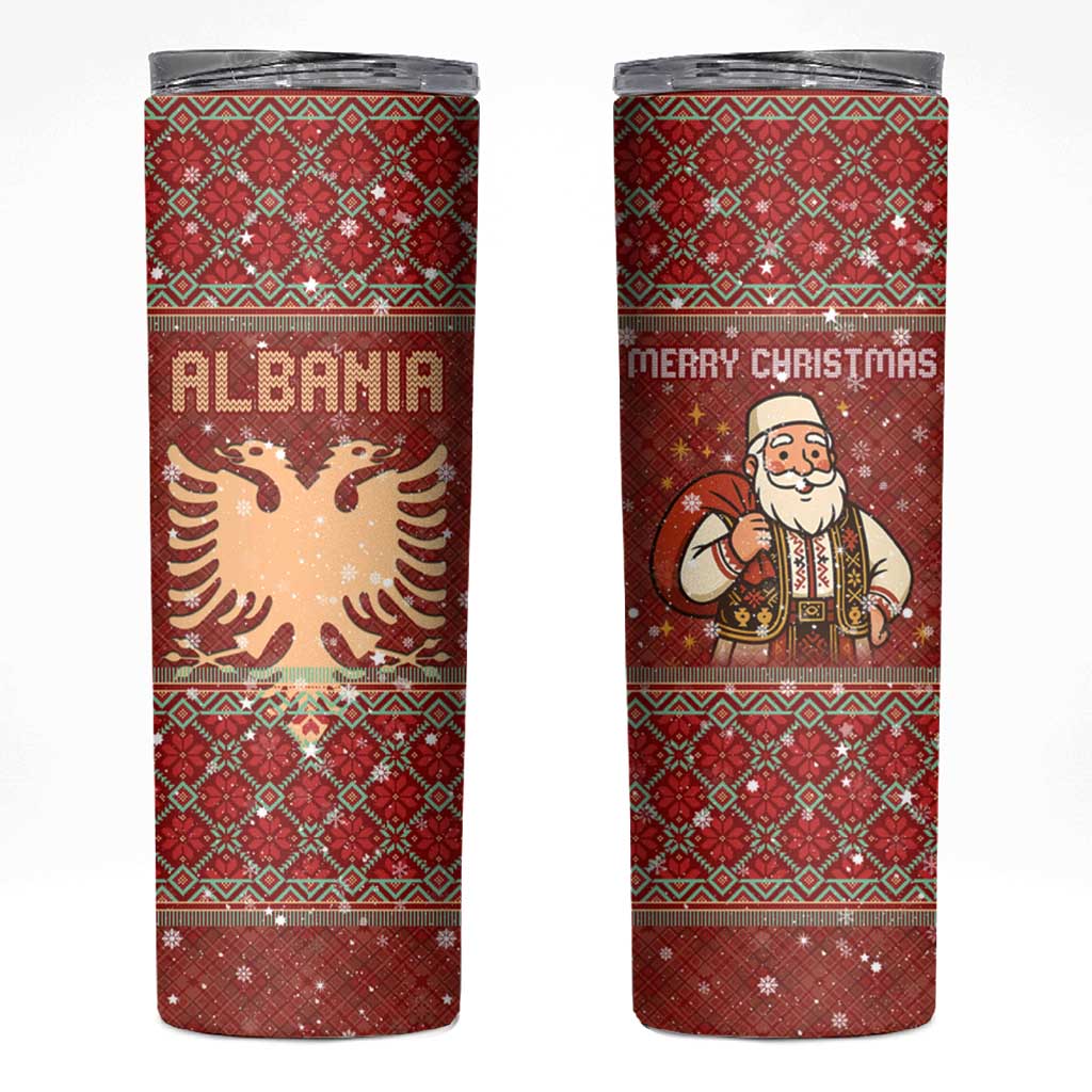 Albania Christmas Skinny Tumbler with Red Geometric Design, Golden Double-Headed Eagle, and Santa Motif - Wonder Print Shop