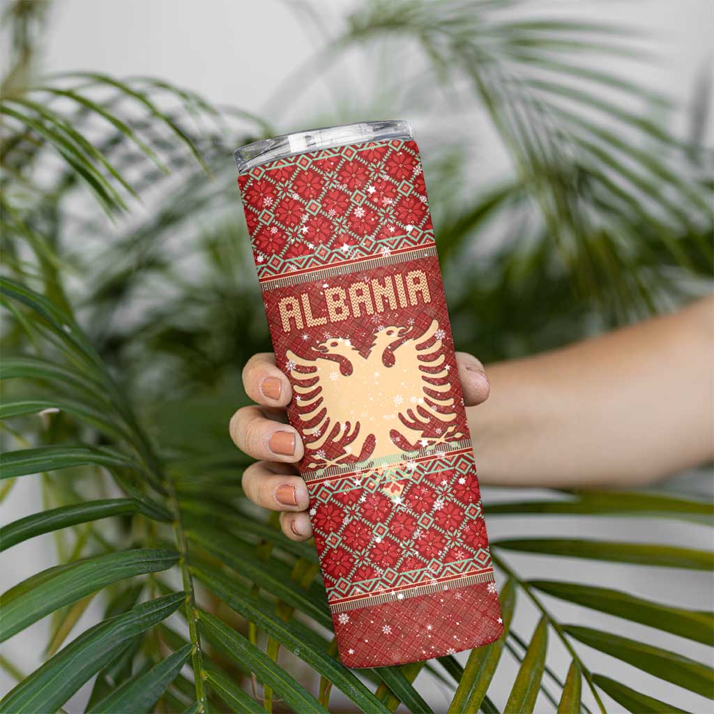 Albania Christmas Skinny Tumbler with Red Geometric Design, Golden Double-Headed Eagle, and Santa Motif - Wonder Print Shop