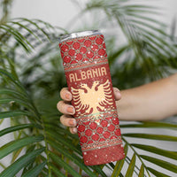 Albania Christmas Skinny Tumbler with Red Geometric Design, Golden Double-Headed Eagle, and Santa Motif - Wonder Print Shop