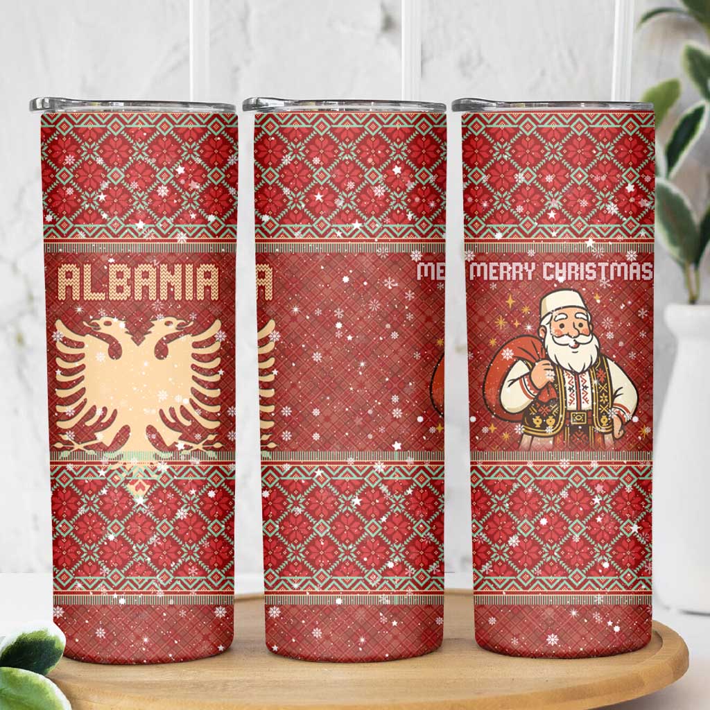 Albania Christmas Skinny Tumbler with Red Geometric Design, Golden Double-Headed Eagle, and Santa Motif - Wonder Print Shop