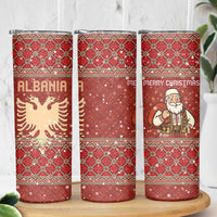 Albania Christmas Skinny Tumbler with Red Geometric Design, Golden Double-Headed Eagle, and Santa Motif - Wonder Print Shop