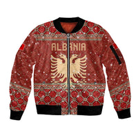 Albania Christmas Sleeve Zip Bomber Jacket with Red Geometric Design, Golden Double-Headed Eagle, and Santa Motif - Wonder Print Shop