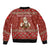 Albania Christmas Sleeve Zip Bomber Jacket with Red Geometric Design, Golden Double-Headed Eagle, and Santa Motif - Wonder Print Shop