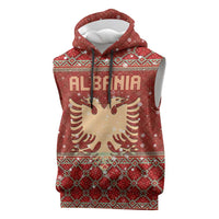 Albania Christmas Sleeveless Hoodie with Red Geometric Design, Golden Double-Headed Eagle, and Santa Motif - Wonder Print Shop