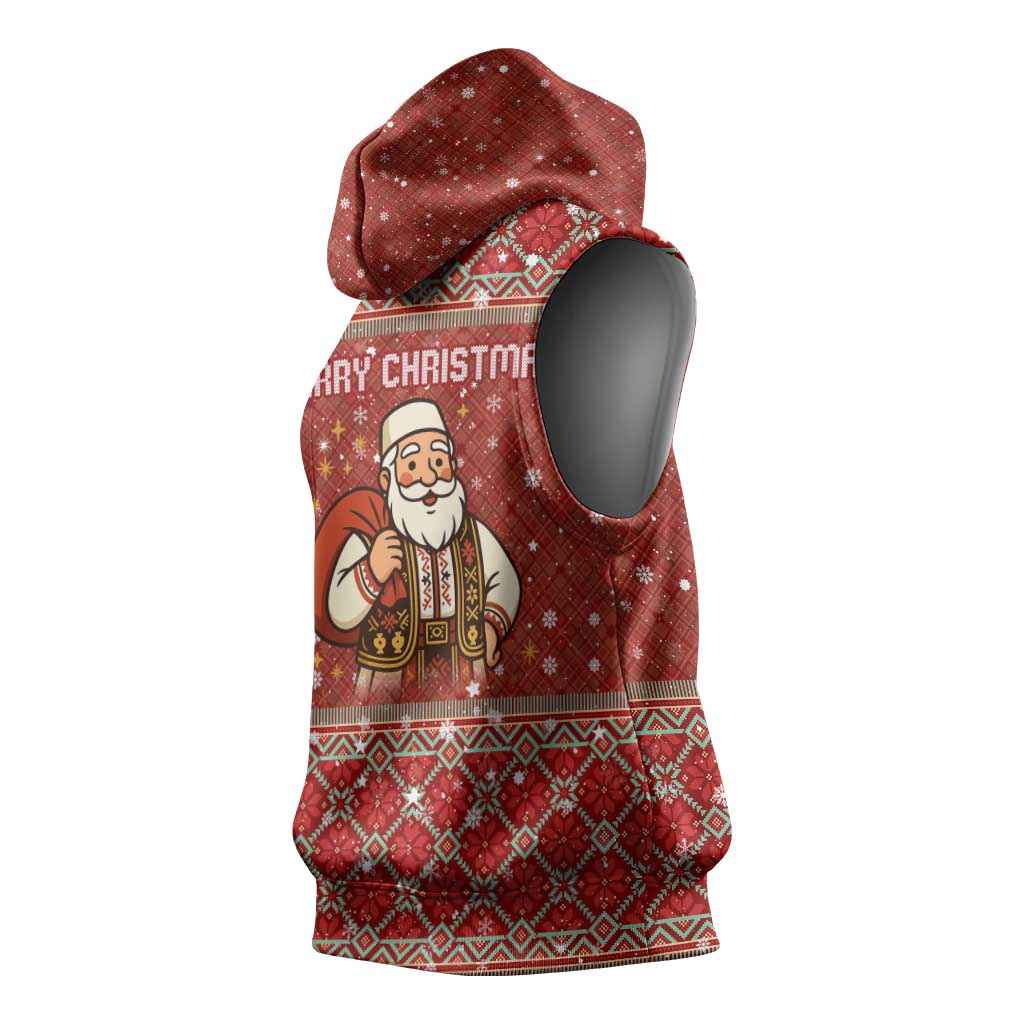 Albania Christmas Sleeveless Hoodie with Red Geometric Design, Golden Double-Headed Eagle, and Santa Motif - Wonder Print Shop