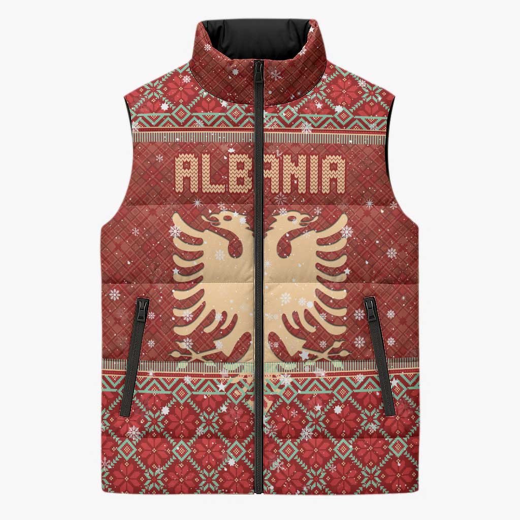 Albania Christmas Sleeveless Puffer Jacket with Red Geometric Design, Golden Double-Headed Eagle, and Santa Motif - Wonder Print Shop