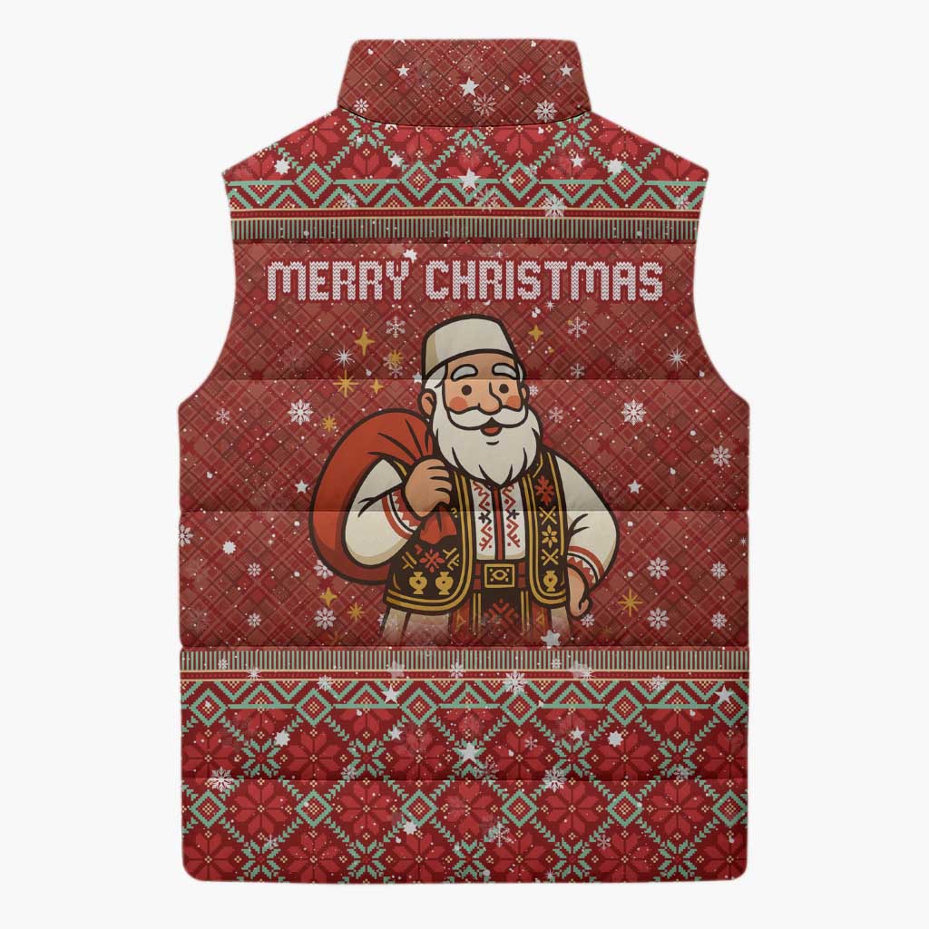 Albania Christmas Sleeveless Puffer Jacket with Red Geometric Design, Golden Double-Headed Eagle, and Santa Motif - Wonder Print Shop