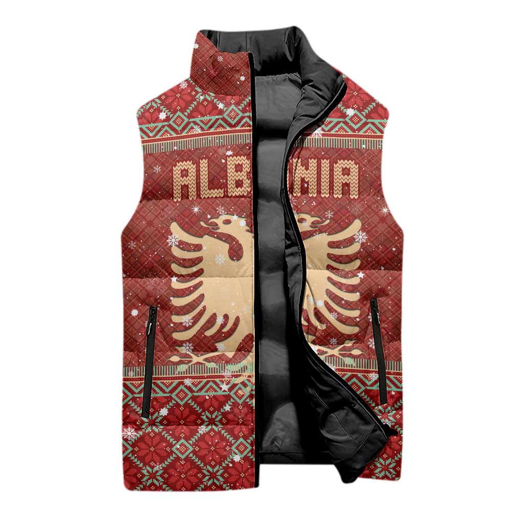 Albania Christmas Sleeveless Puffer Jacket with Red Geometric Design, Golden Double-Headed Eagle, and Santa Motif - Wonder Print Shop