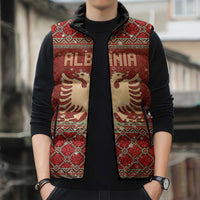 Albania Christmas Sleeveless Puffer Jacket with Red Geometric Design, Golden Double-Headed Eagle, and Santa Motif - Wonder Print Shop