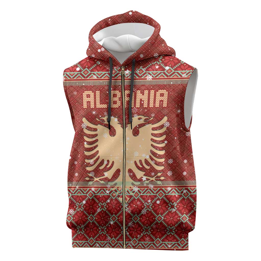Albania Christmas Sleeveless Zip Hoodie with Red Geometric Design, Golden Double-Headed Eagle, and Santa Motif - Wonder Print Shop