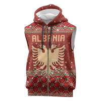 Albania Christmas Sleeveless Zip Hoodie with Red Geometric Design, Golden Double-Headed Eagle, and Santa Motif - Wonder Print Shop
