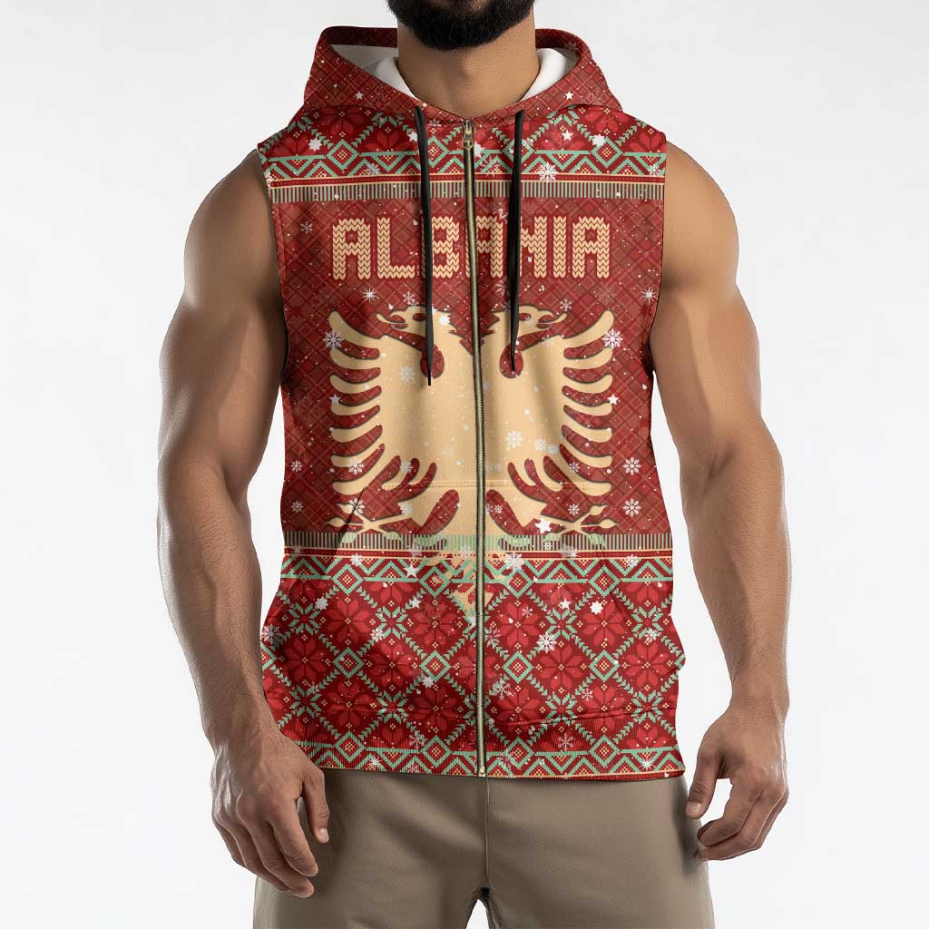 Albania Christmas Sleeveless Zip Hoodie with Red Geometric Design, Golden Double-Headed Eagle, and Santa Motif - Wonder Print Shop