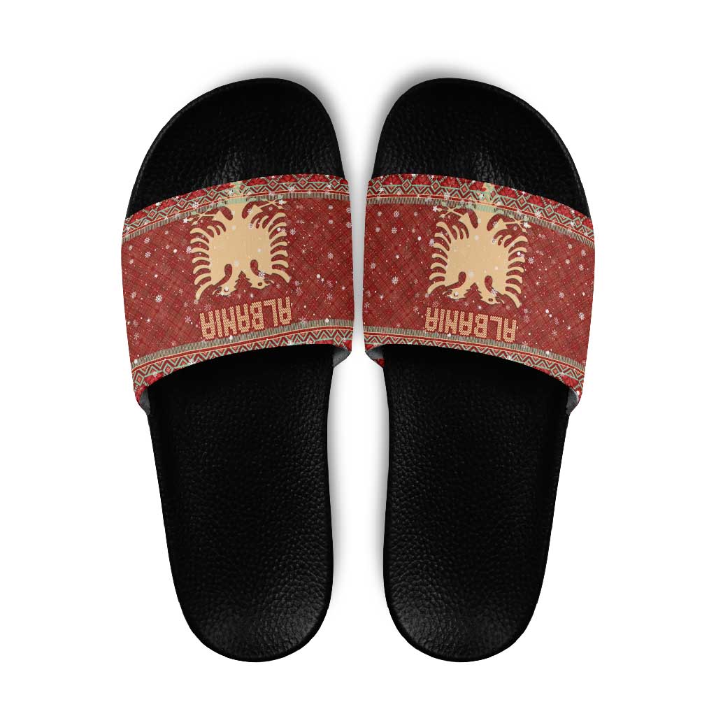 Albania Christmas Slide Sandals with Red Geometric Design, Golden Double-Headed Eagle, and Santa Motif - Wonder Print Shop