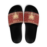 Albania Christmas Slide Sandals with Red Geometric Design, Golden Double-Headed Eagle, and Santa Motif - Wonder Print Shop