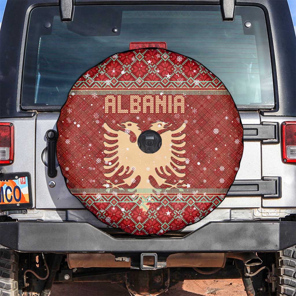 Albania Christmas Spare Tire Cover with Red Geometric Design, Golden Double-Headed Eagle, and Santa Motif - Wonder Print Shop