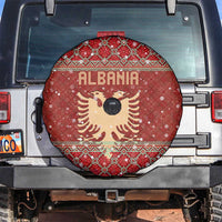 Albania Christmas Spare Tire Cover with Red Geometric Design, Golden Double-Headed Eagle, and Santa Motif - Wonder Print Shop