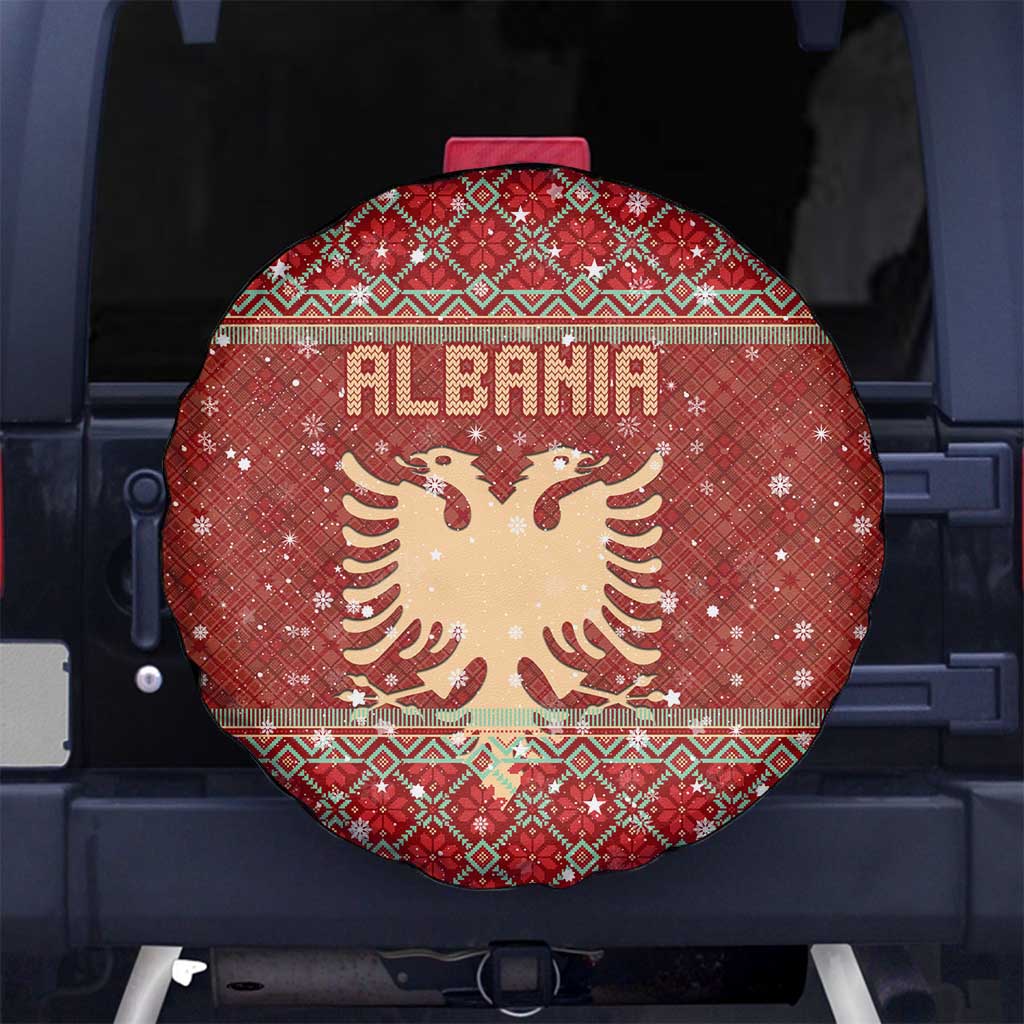 Albania Christmas Spare Tire Cover with Red Geometric Design, Golden Double-Headed Eagle, and Santa Motif - Wonder Print Shop