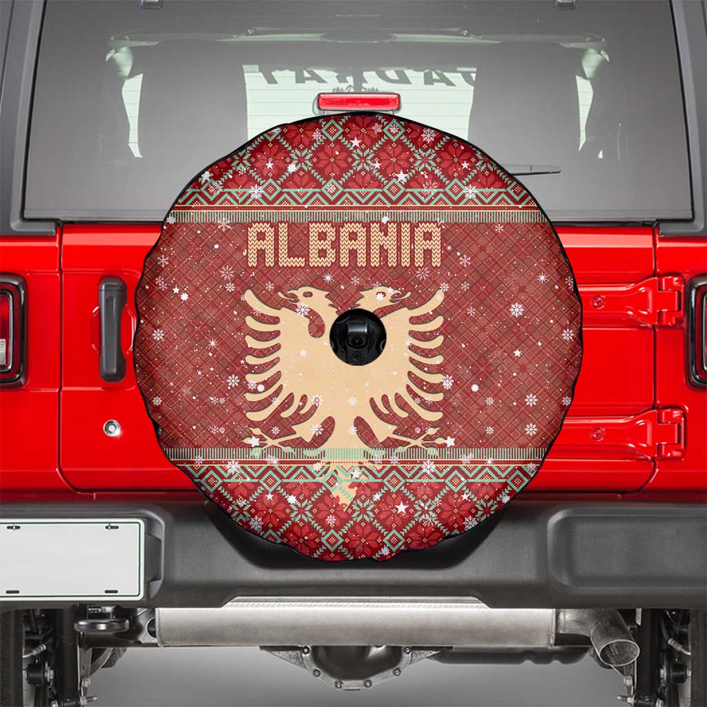 Albania Christmas Spare Tire Cover with Red Geometric Design, Golden Double-Headed Eagle, and Santa Motif - Wonder Print Shop
