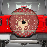 Albania Christmas Spare Tire Cover with Red Geometric Design, Golden Double-Headed Eagle, and Santa Motif - Wonder Print Shop