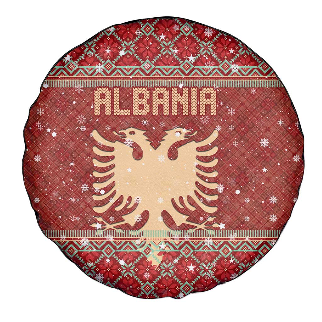 Albania Christmas Spare Tire Cover with Red Geometric Design, Golden Double-Headed Eagle, and Santa Motif - Wonder Print Shop