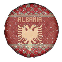 Albania Christmas Spare Tire Cover with Red Geometric Design, Golden Double-Headed Eagle, and Santa Motif - Wonder Print Shop