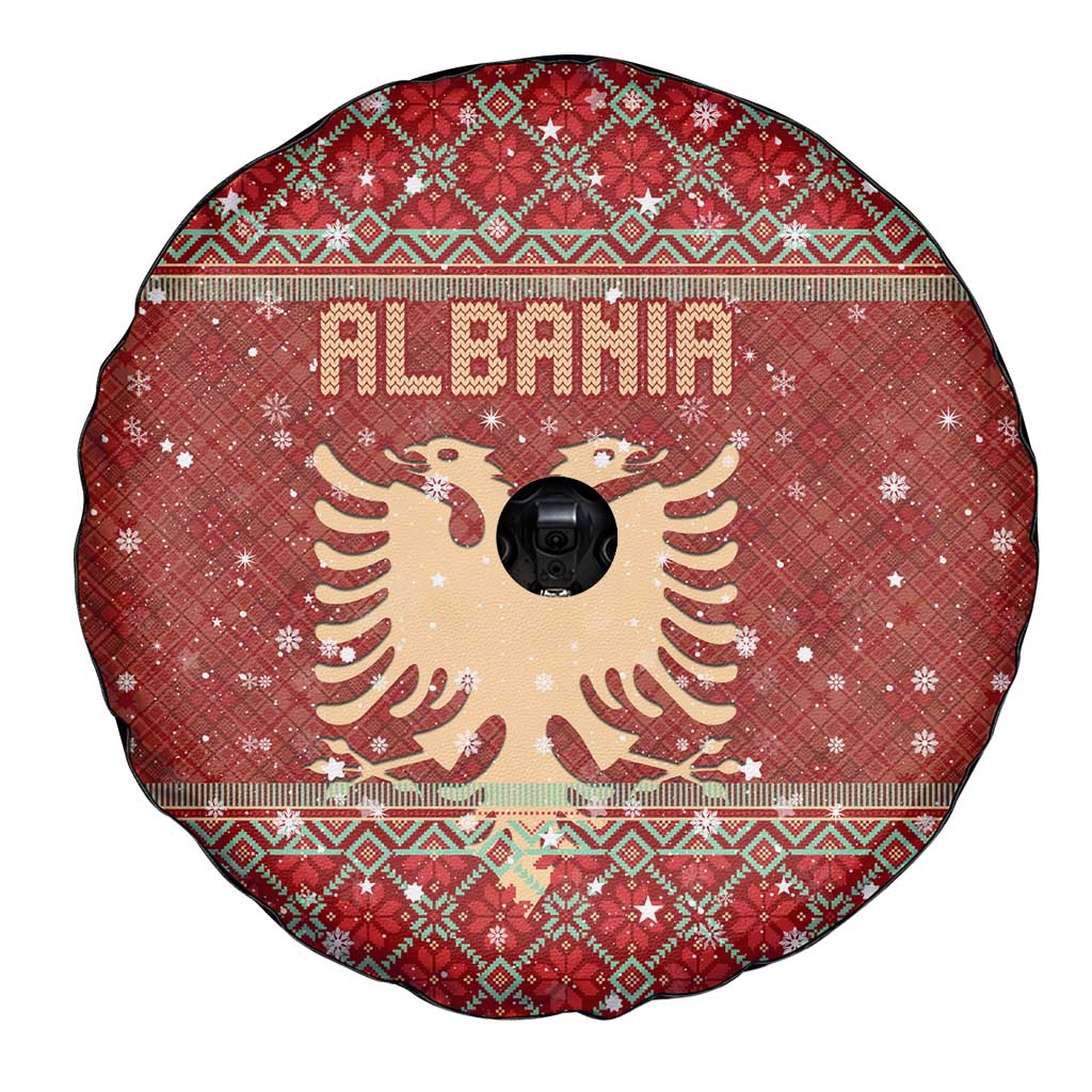 Albania Christmas Spare Tire Cover with Red Geometric Design, Golden Double-Headed Eagle, and Santa Motif - Wonder Print Shop