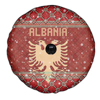 Albania Christmas Spare Tire Cover with Red Geometric Design, Golden Double-Headed Eagle, and Santa Motif - Wonder Print Shop