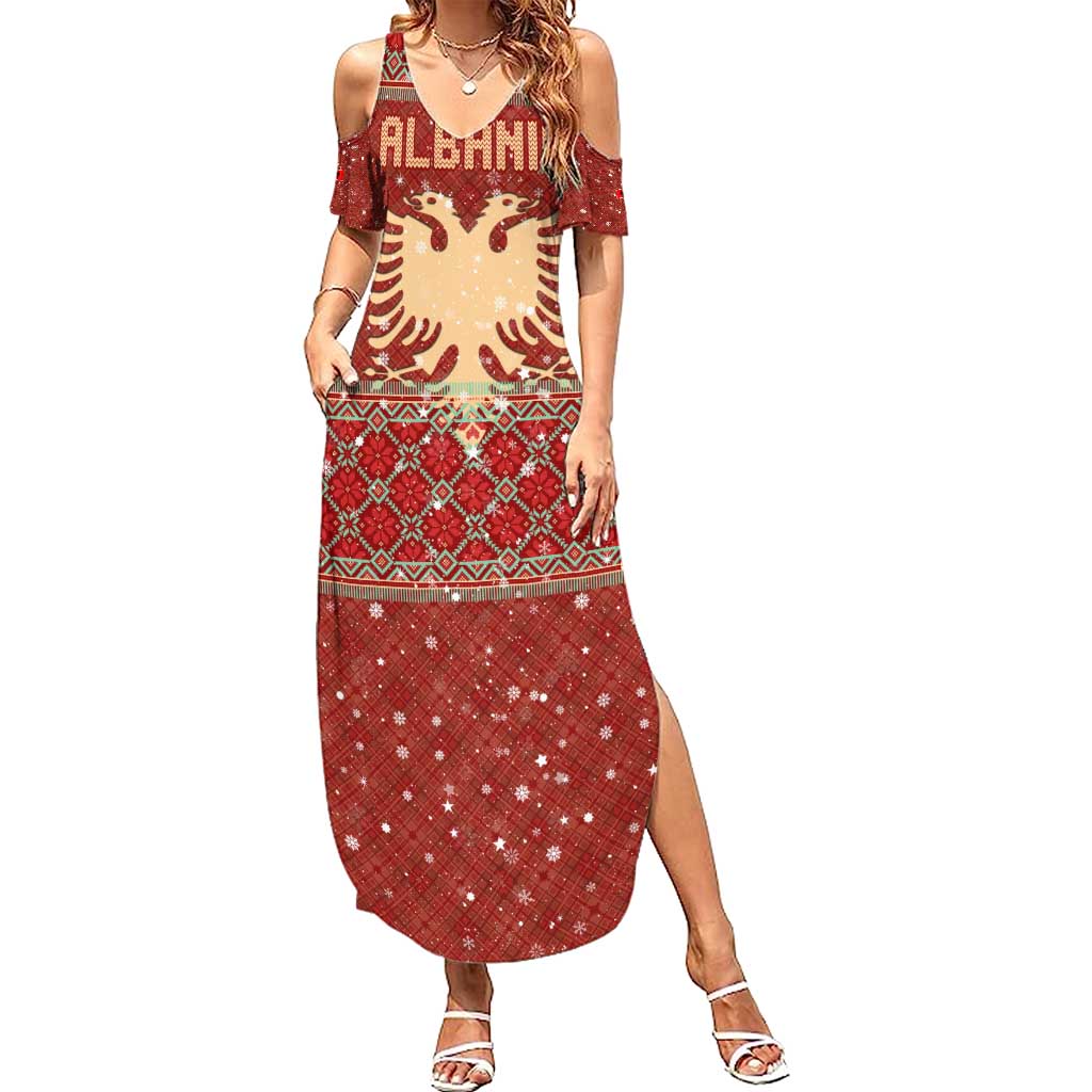 Albania Christmas Summer Maxi Dress with Red Geometric Design, Golden Double-Headed Eagle, and Santa Motif - Wonder Print Shop