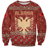 Albania Christmas Sweatshirt with Red Geometric Design, Golden Double-Headed Eagle, and Santa Motif - Wonder Print Shop