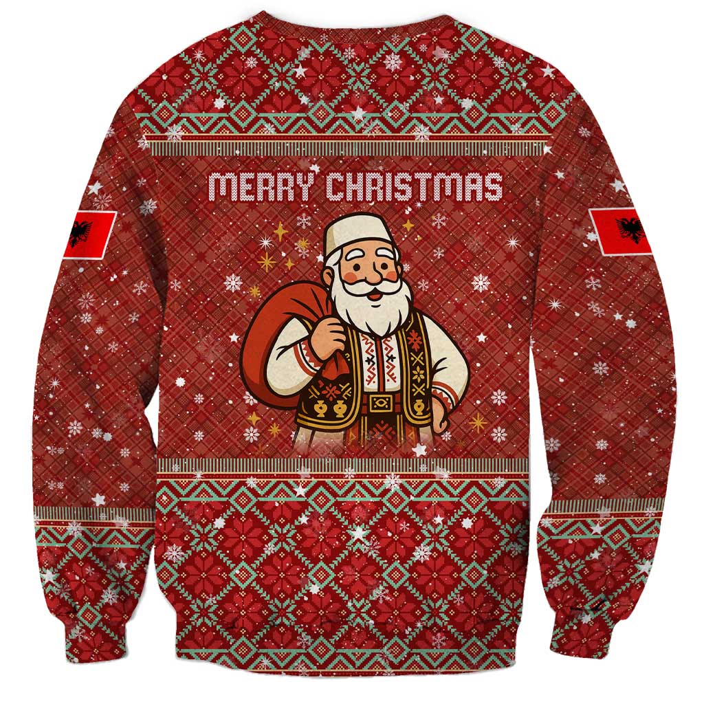 Albania Christmas Sweatshirt with Red Geometric Design, Golden Double-Headed Eagle, and Santa Motif - Wonder Print Shop