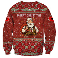 Albania Christmas Sweatshirt with Red Geometric Design, Golden Double-Headed Eagle, and Santa Motif - Wonder Print Shop