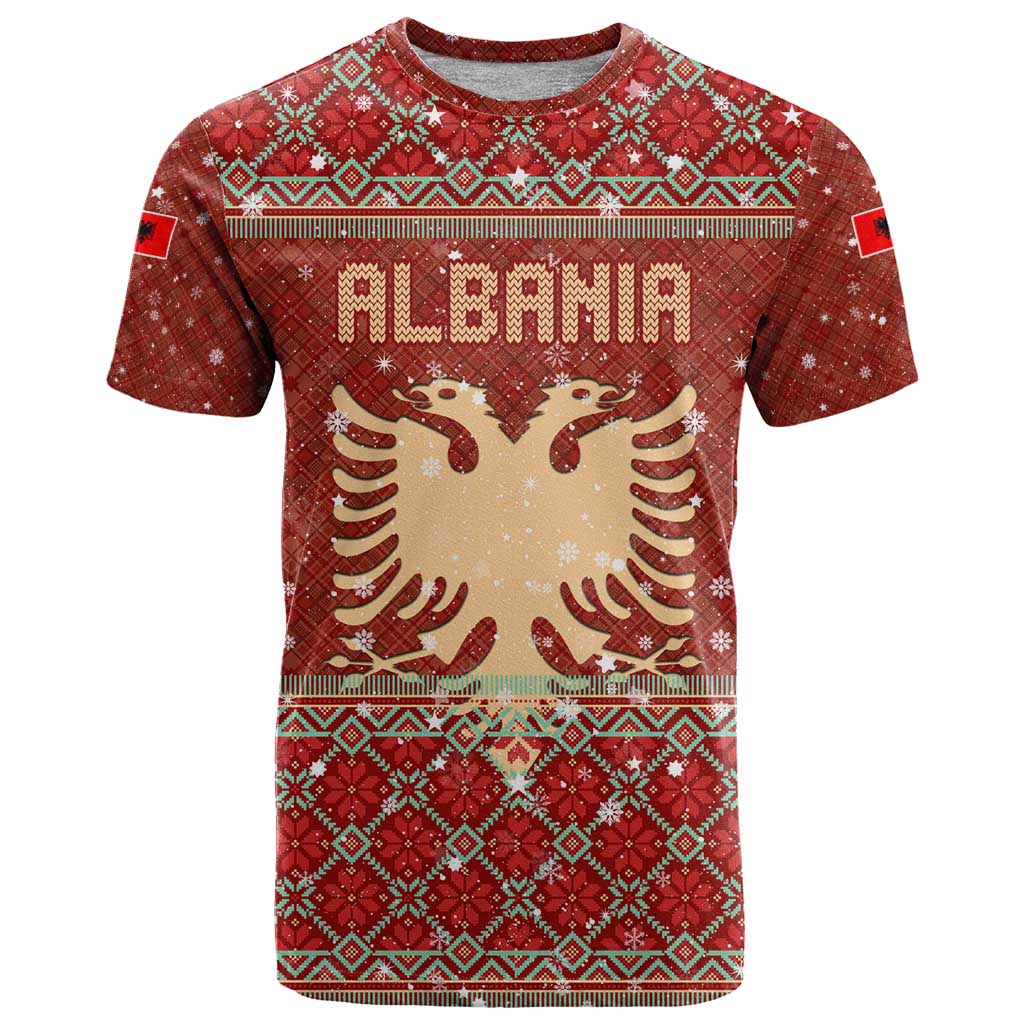 Albania Christmas T Shirt with Red Geometric Design, Golden Double-Headed Eagle, and Santa Motif - Wonder Print Shop