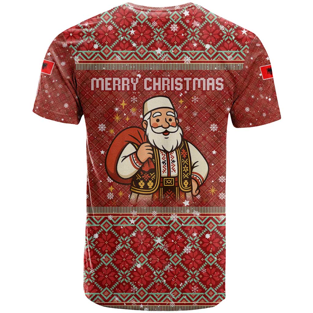 Albania Christmas T Shirt with Red Geometric Design, Golden Double-Headed Eagle, and Santa Motif - Wonder Print Shop