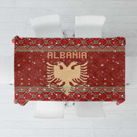 Albania Christmas Tablecloth with Red Geometric Design, Golden Double-Headed Eagle, and Santa Motif - Wonder Print Shop