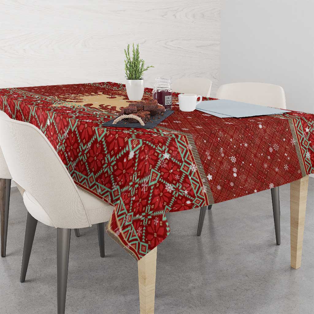 Albania Christmas Tablecloth with Red Geometric Design, Golden Double-Headed Eagle, and Santa Motif - Wonder Print Shop