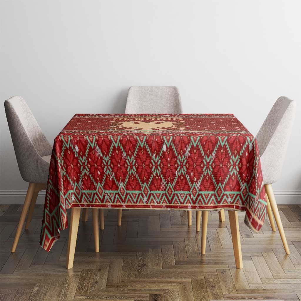 Albania Christmas Tablecloth with Red Geometric Design, Golden Double-Headed Eagle, and Santa Motif - Wonder Print Shop