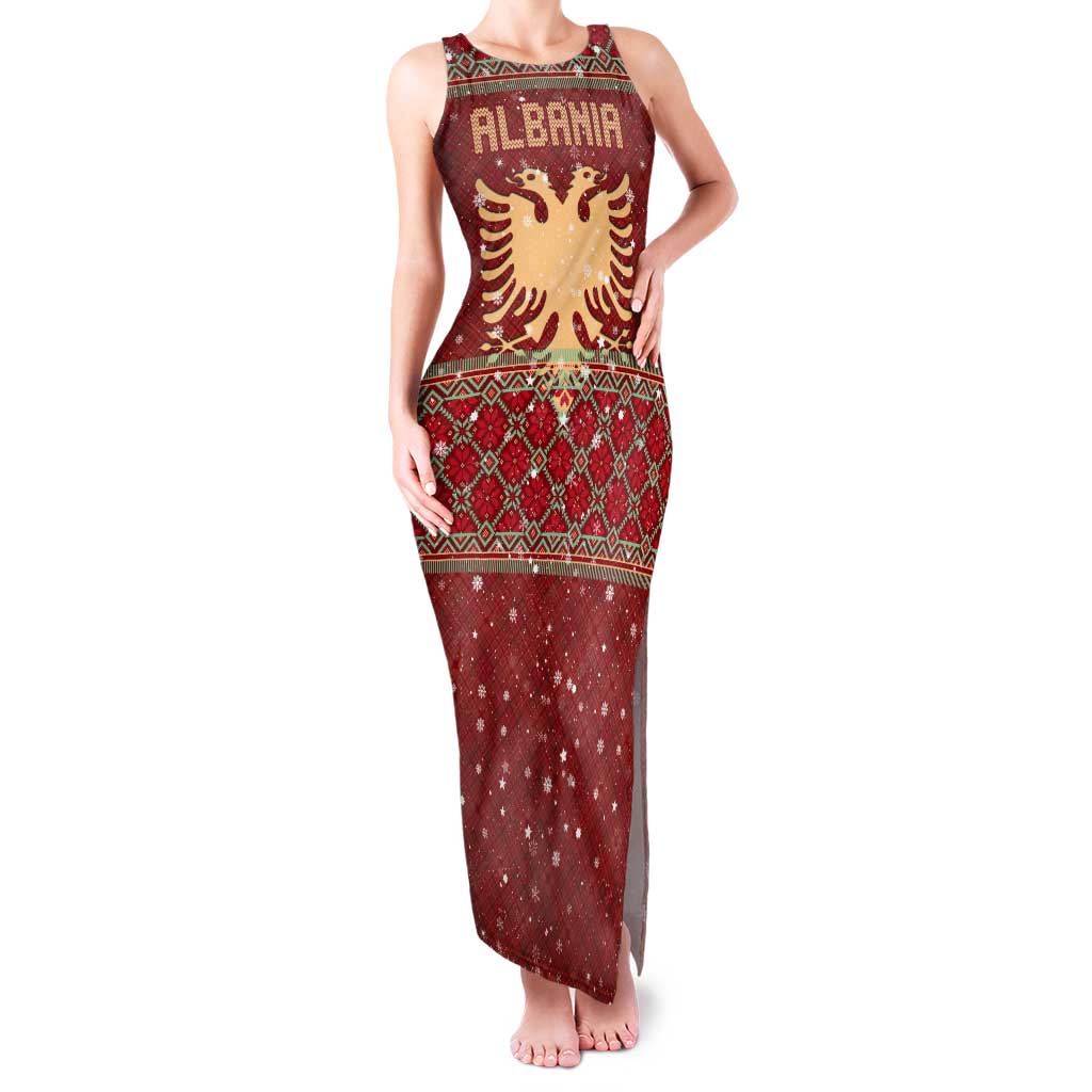 Albania Christmas Tank Maxi Dress with Red Geometric Design, Golden Double-Headed Eagle, and Santa Motif - Wonder Print Shop