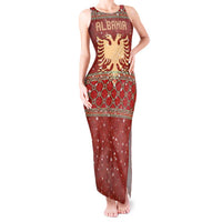 Albania Christmas Tank Maxi Dress with Red Geometric Design, Golden Double-Headed Eagle, and Santa Motif - Wonder Print Shop