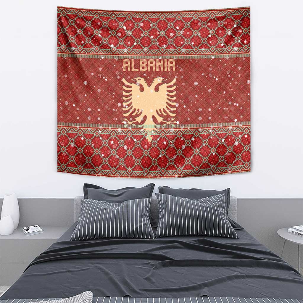Albania Christmas Tapestry with Red Geometric Design, Golden Double-Headed Eagle, and Santa Motif - Wonder Print Shop