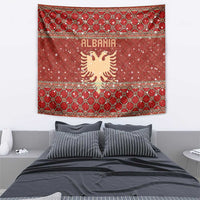 Albania Christmas Tapestry with Red Geometric Design, Golden Double-Headed Eagle, and Santa Motif - Wonder Print Shop