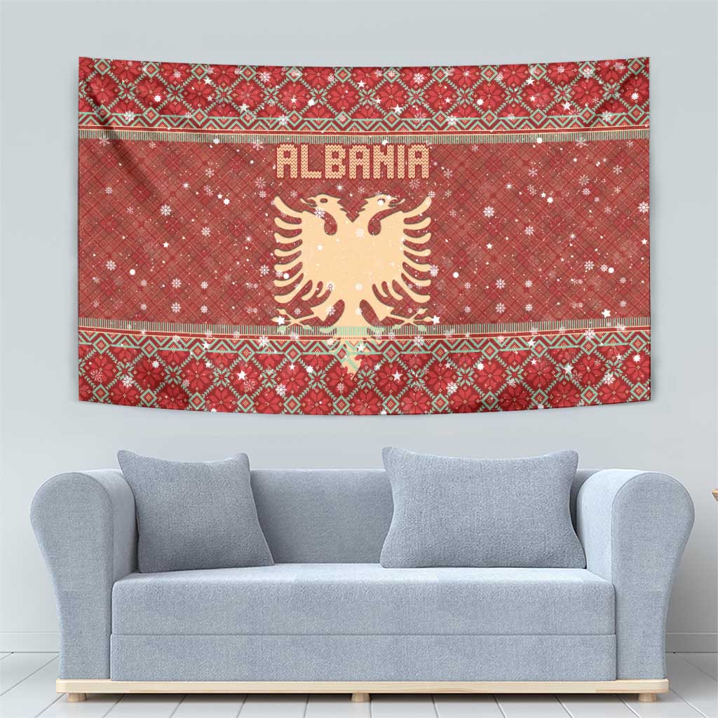 Albania Christmas Tapestry with Red Geometric Design, Golden Double-Headed Eagle, and Santa Motif - Wonder Print Shop