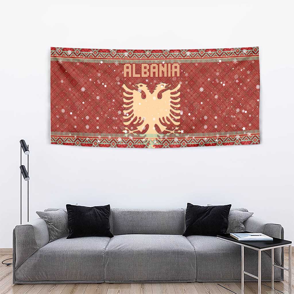 Albania Christmas Tapestry with Red Geometric Design, Golden Double-Headed Eagle, and Santa Motif - Wonder Print Shop