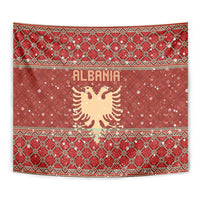 Albania Christmas Tapestry with Red Geometric Design, Golden Double-Headed Eagle, and Santa Motif - Wonder Print Shop