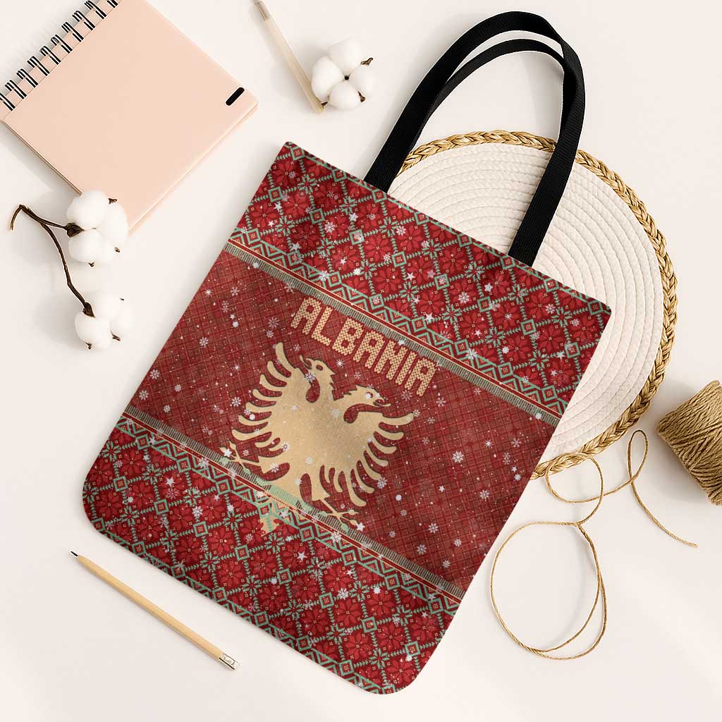 Albania Christmas Tote Bag with Red Geometric Design, Golden Double-Headed Eagle, and Santa Motif - Wonder Print Shop