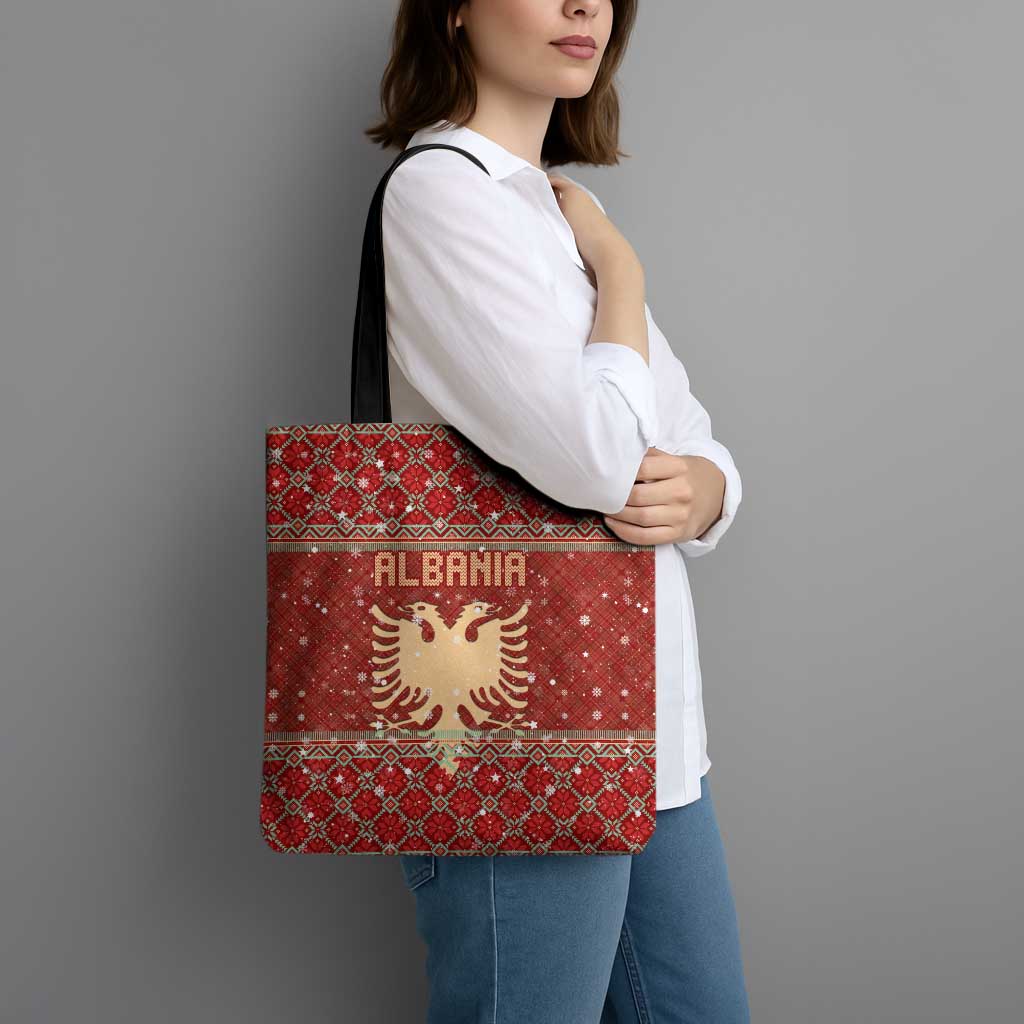 Albania Christmas Tote Bag with Red Geometric Design, Golden Double-Headed Eagle, and Santa Motif - Wonder Print Shop
