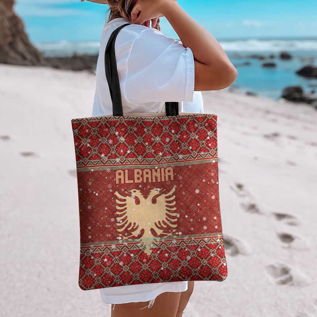 Albania Christmas Tote Bag with Red Geometric Design, Golden Double-Headed Eagle, and Santa Motif - Wonder Print Shop