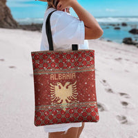 Albania Christmas Tote Bag with Red Geometric Design, Golden Double-Headed Eagle, and Santa Motif - Wonder Print Shop